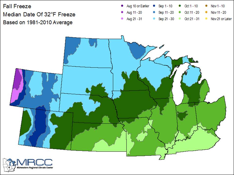 Average Dates for First Fall Freeze in Southeast Michigan